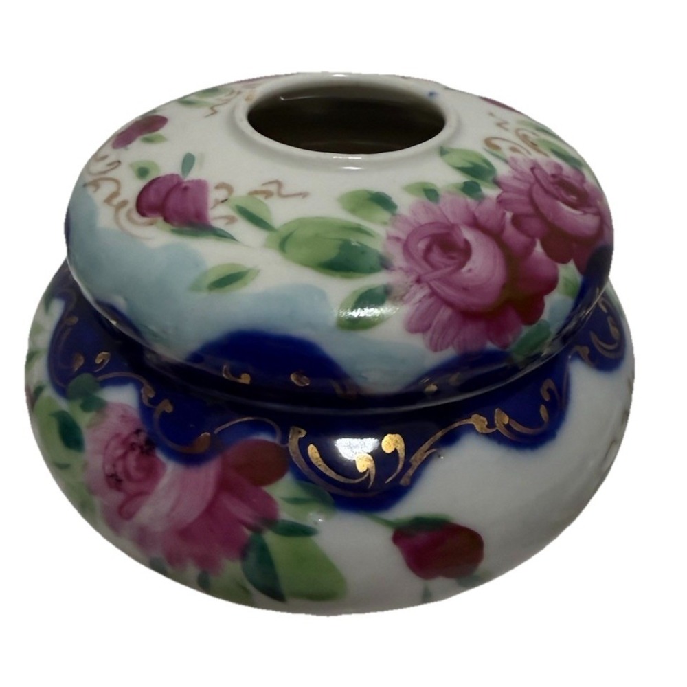 Antique Hand Painted Porcelain Hair Receiver - Cobalt Blue, Pink Gold Glit